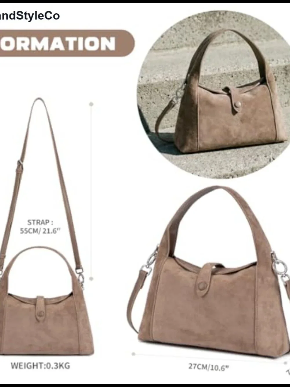 Faux Suede Half-Moon Hobo Bag Convertible Crossbody Tote with Detachable Strap
